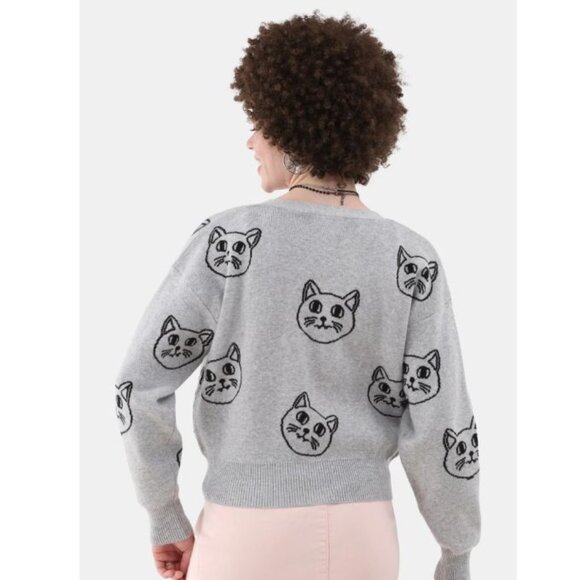 V-Neck Grey Cat Kitten Face Cropped Cardigan - XXS - Picture 10 of 12
